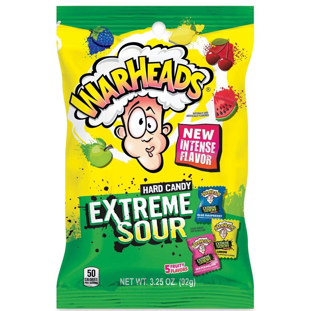 WARHEADS EXTREME SOUR HARD CANDY 3.25 OZ PEG BAG